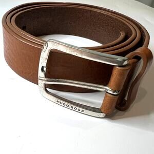 38 men's brown leather belt silver- metal buckle Hugo Boss logo luxury designer